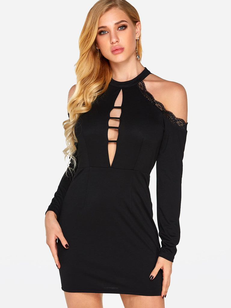 Black Halter Cold Shoulder Long Sleeve Plain Lace Hollow Sexy Dress