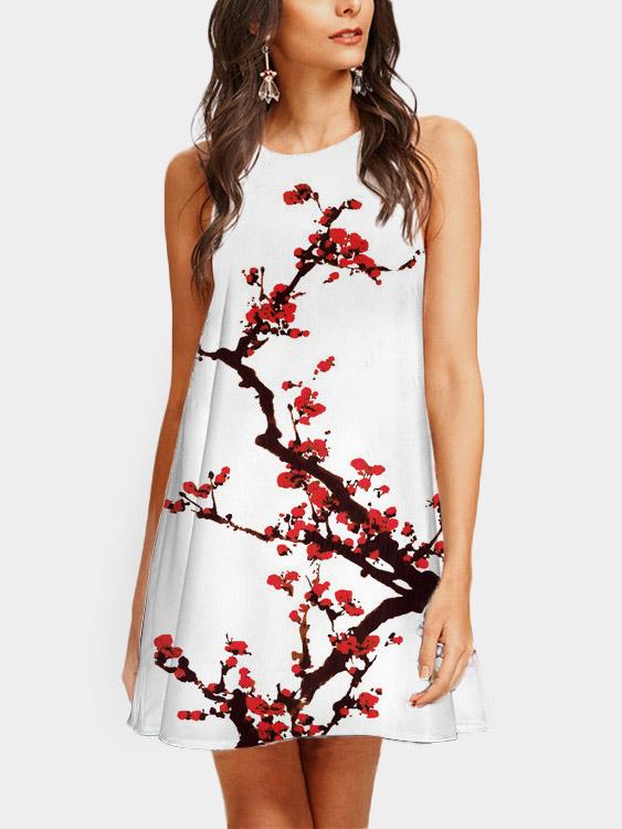 White Crew Neck Sleeveless Floral Print Dress