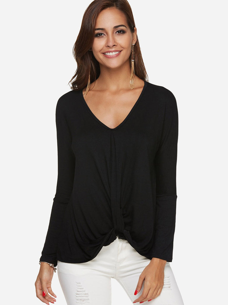 V-Neck Plain Crossed Front Long Sleeve Black T-Shirt