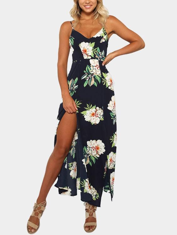 Sleeveless Floral Print Backless Slit Hem Dresses