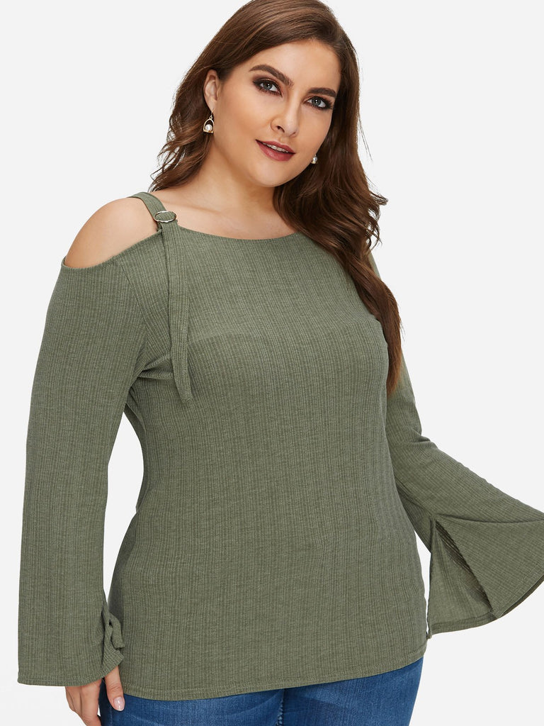 One Shoulder Plain Long Sleeve Green Plus Size Tops