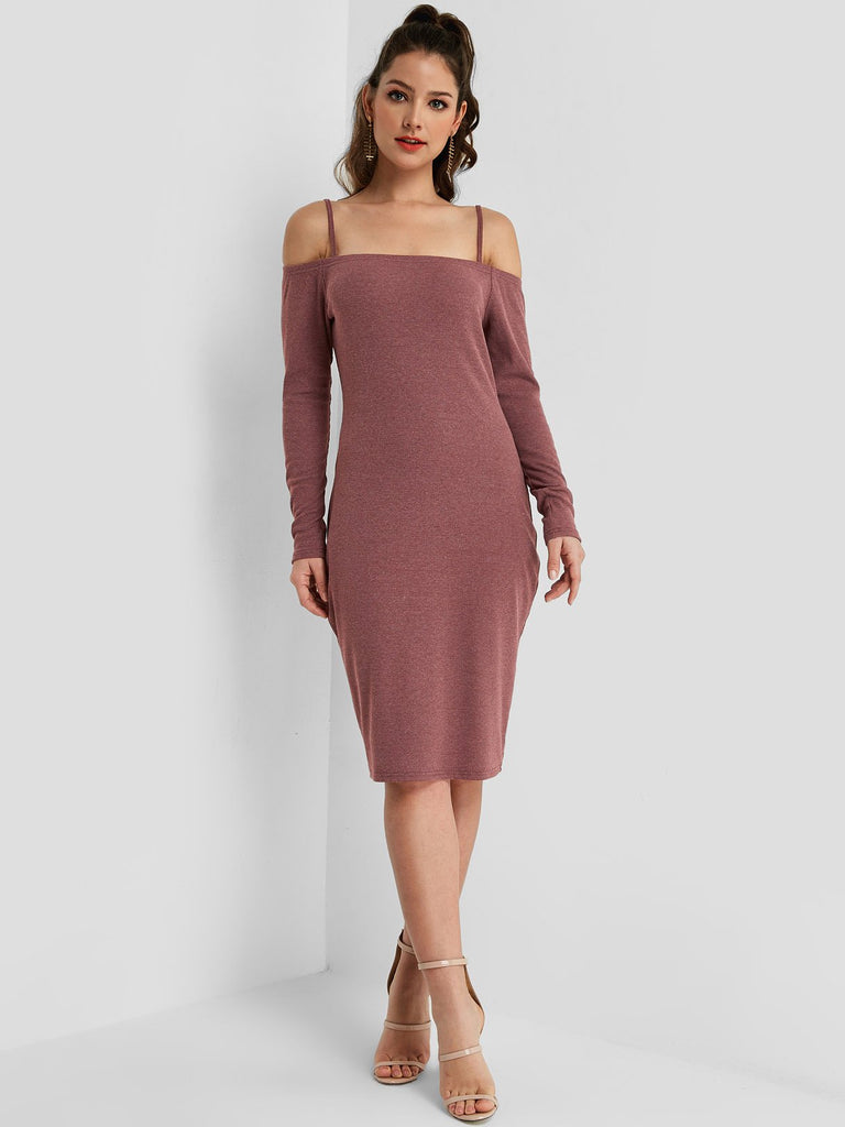 Rust Long Sleeve Plain Spaghetti Strap Midi Dress