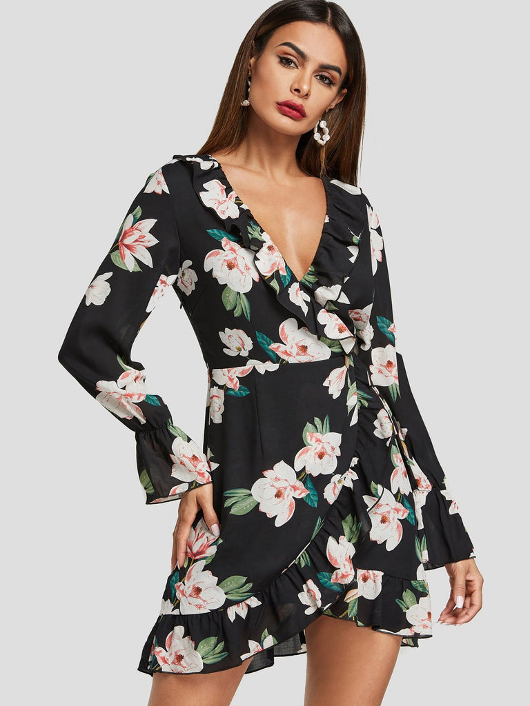 Black V-Neck Long Sleeve Floral Print Crossed Front Ruffle Hem Dresses