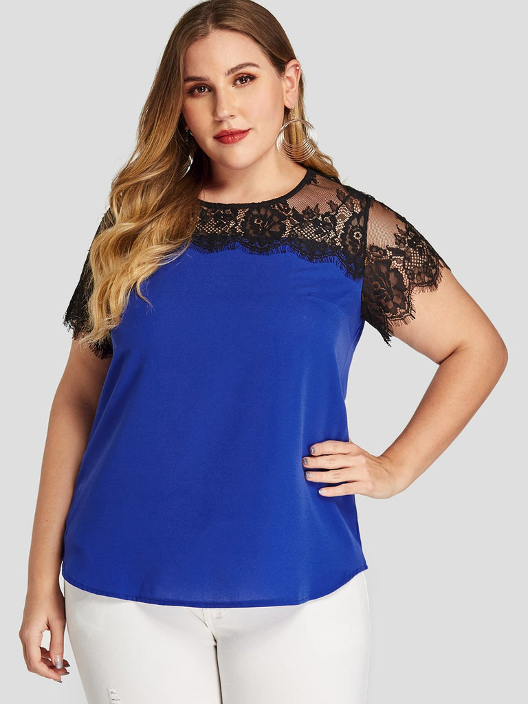 Round Neck Lace Short Sleeve Blue Plus Size Tops