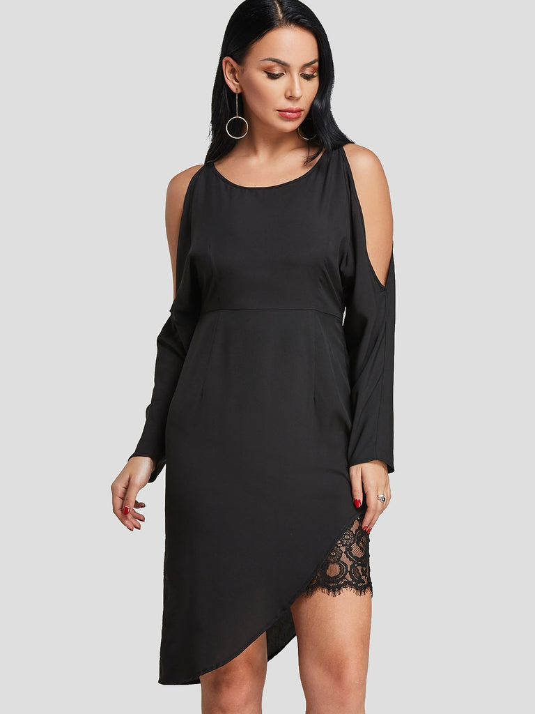 Black Round Neck Cold Shoulder Long Sleeve Plain Cut Out Slit Lace Trim Sexy Dresses