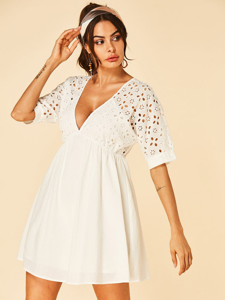 Womens White V-Neck Dresses