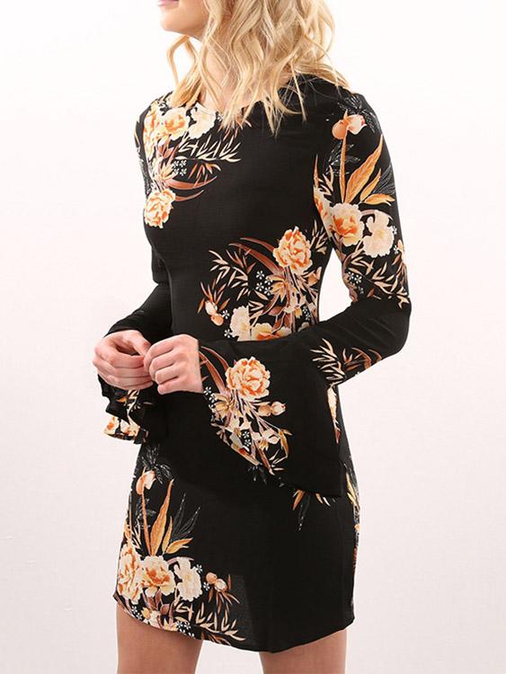 Round Neck Long Sleeve Floral Print Mini Dresses