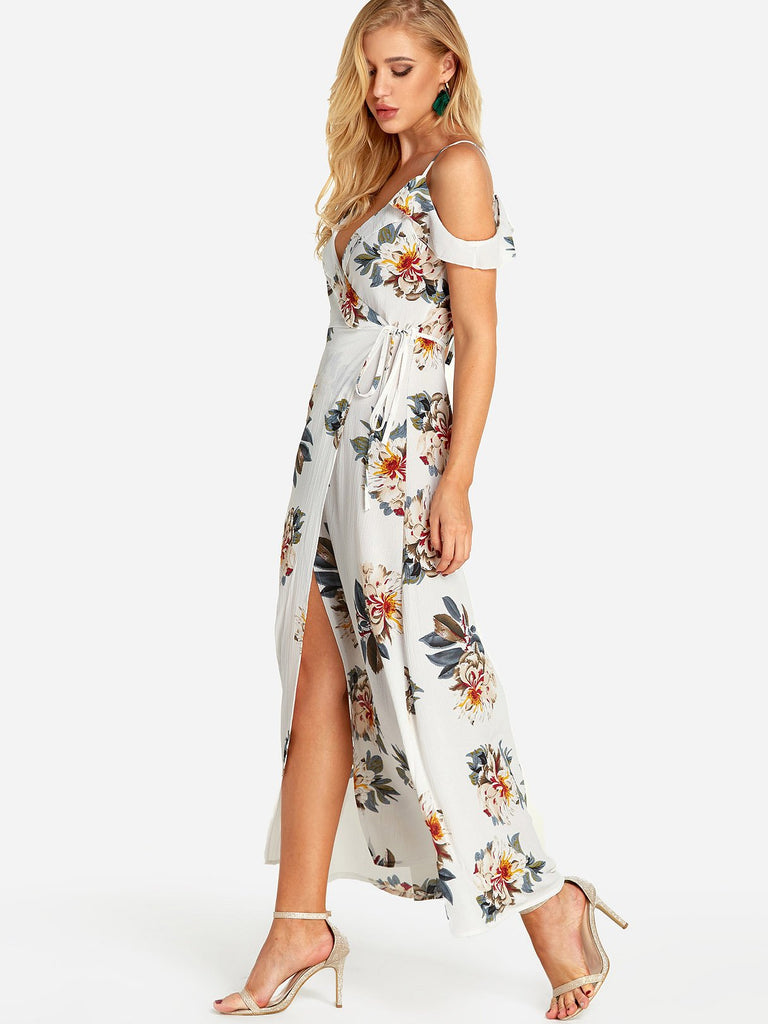 White Cold Shoulder Deep V Neck Short Sleeve Floral Print Crossed Front Slit Self-Tie Flounced Hem Dresses