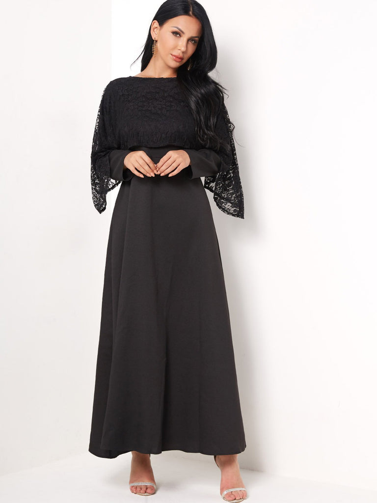 Round Neck Long Sleeve Plain Lace Maxi Dress