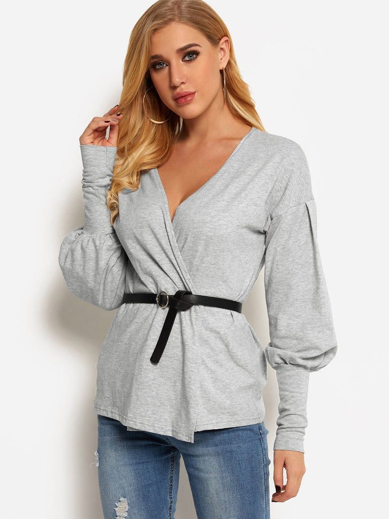 V-Neck Plain Crossed Front Long Sleeve Grey T-Shirts