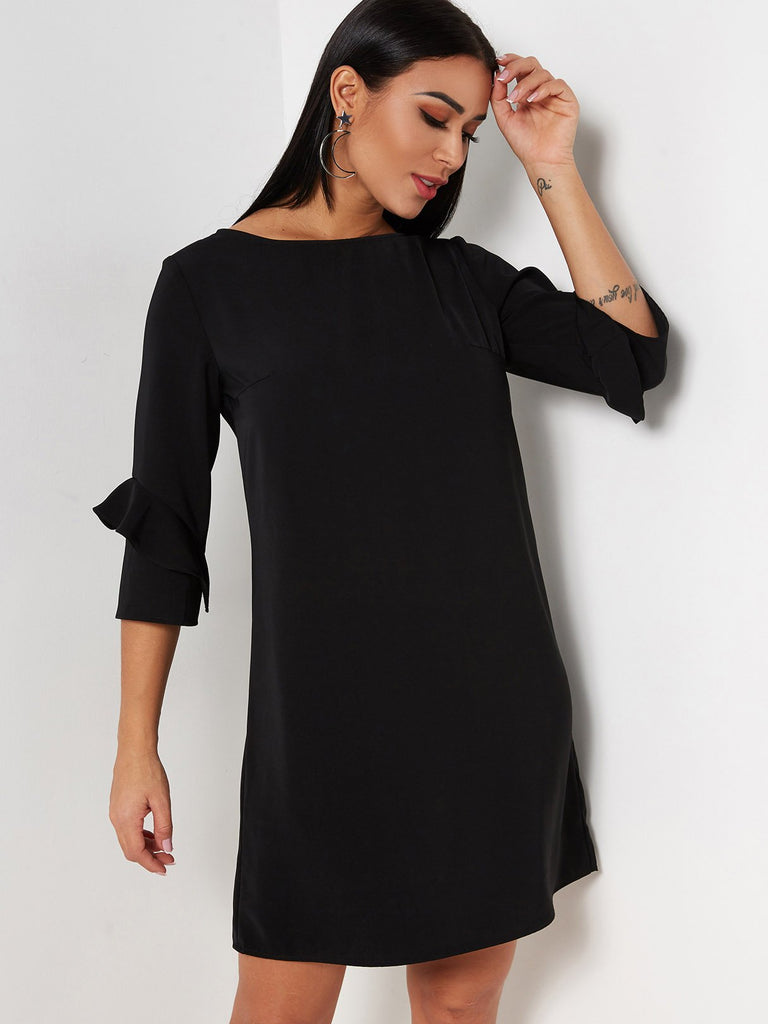 Black Round Neck 3/4 Length Sleeve Plain Mini Dress