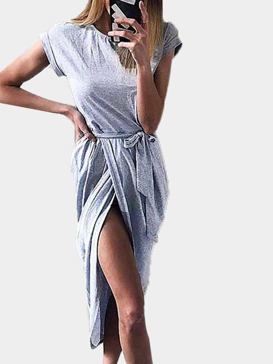 Grey Round Neck Short Sleeve Slit Hem Midi Dress