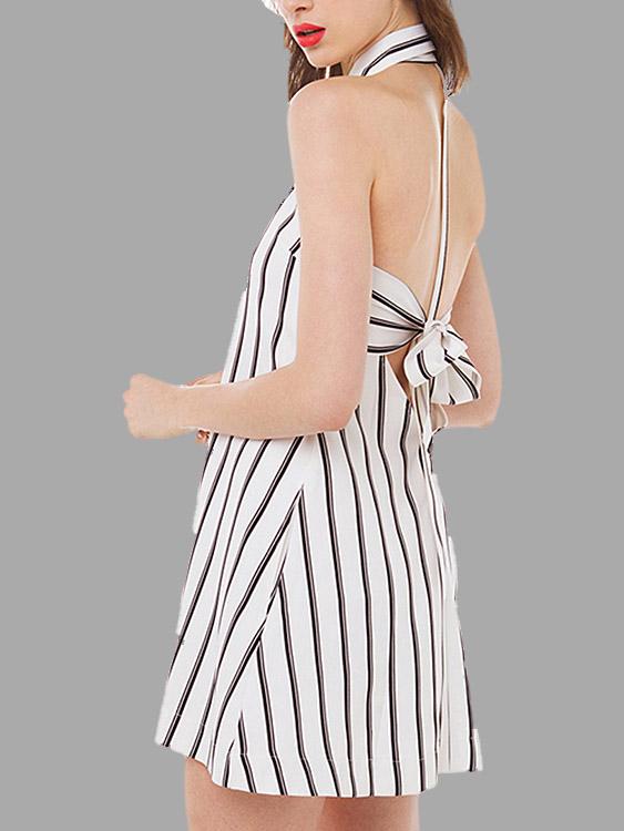 Stripe Patter Halter Neck Backless Lace-Up Dresses