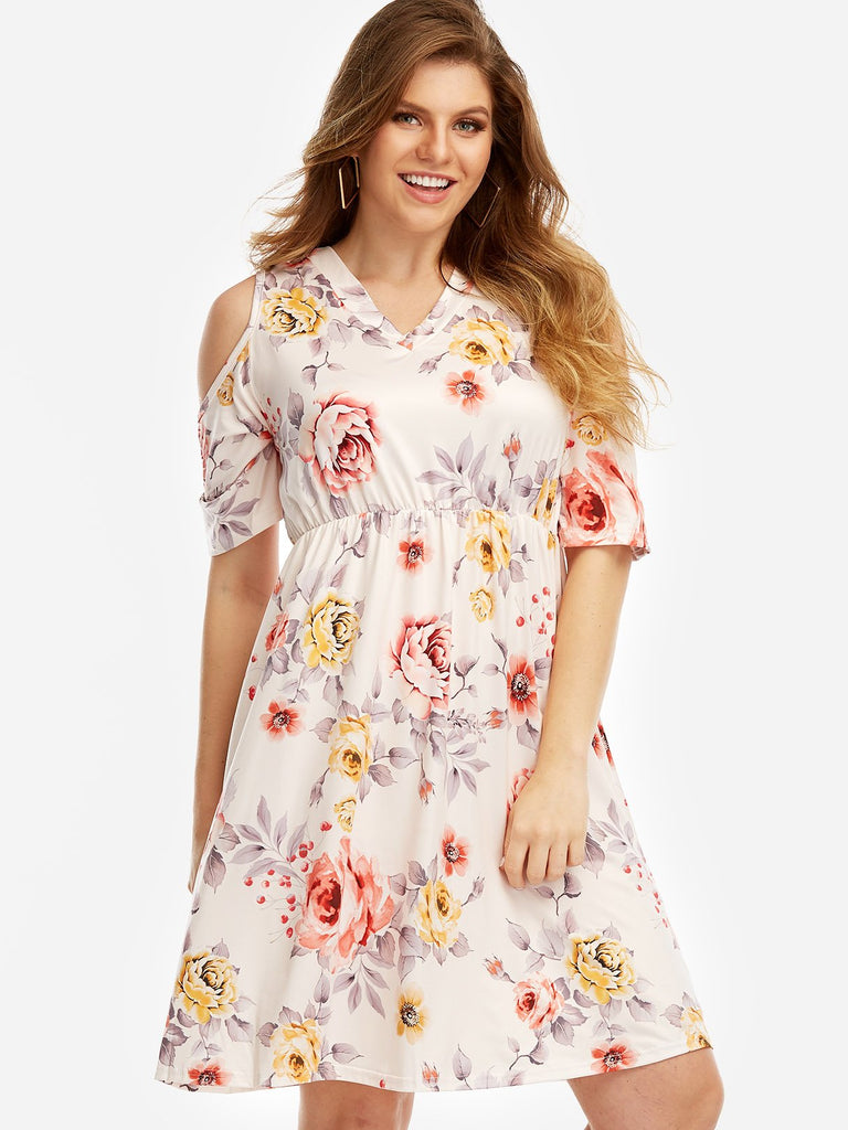 V-Neck Cold Shoulder Floral Print Cut Out Half Sleeve Plus Size Dresses