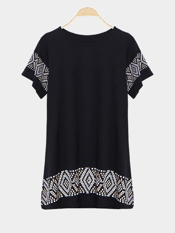 Black Short Sleeve Geometrical Casual Dress