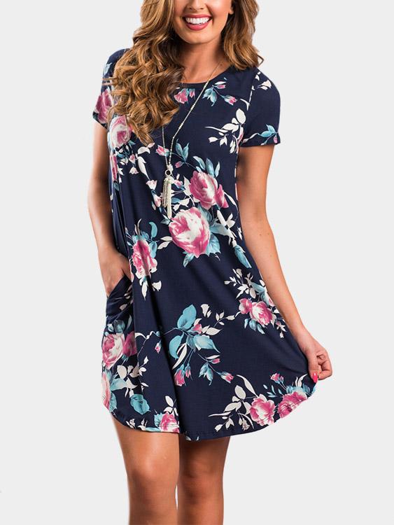 Round Neck Short Sleeve Floral Print Side Pockets Mini Dresses