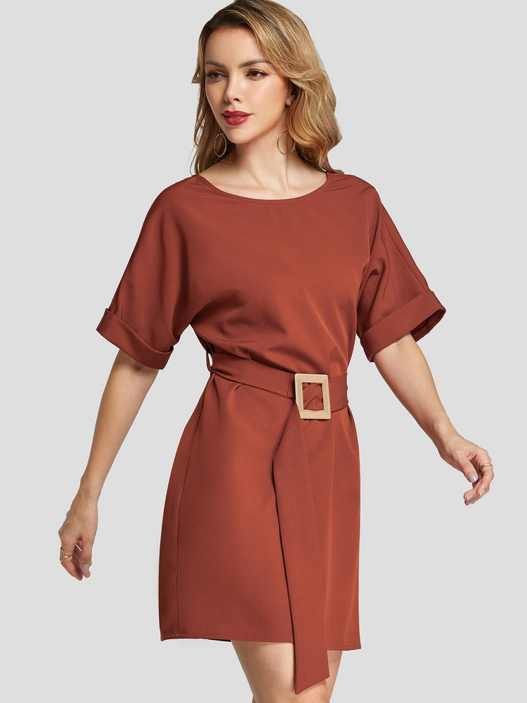 Rust Round Neck Short Sleeve Plain Belt Self-Tie Mini Dresses