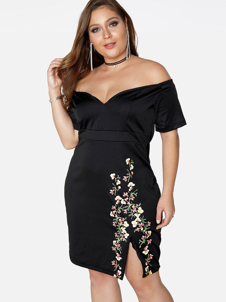 Off The Shoulder Floral Print Backless Short Sleeve Slit Hem Black Plus Size Dresses