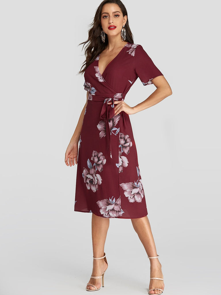 Womens Burgundy Floral Dresses