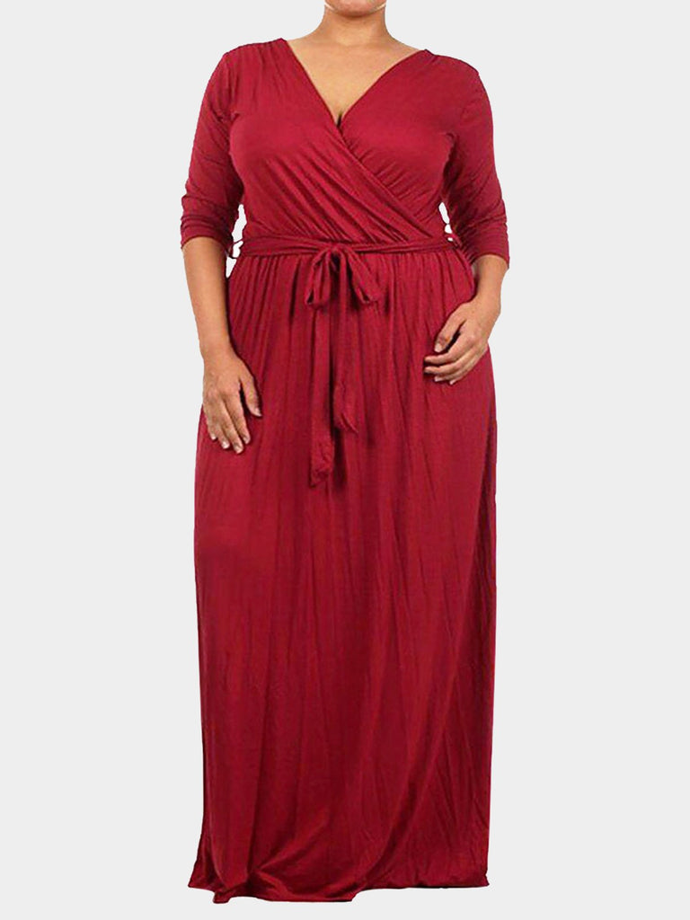 V-Neck 3/4 Sleeve Red Plus Size Maxi Dress