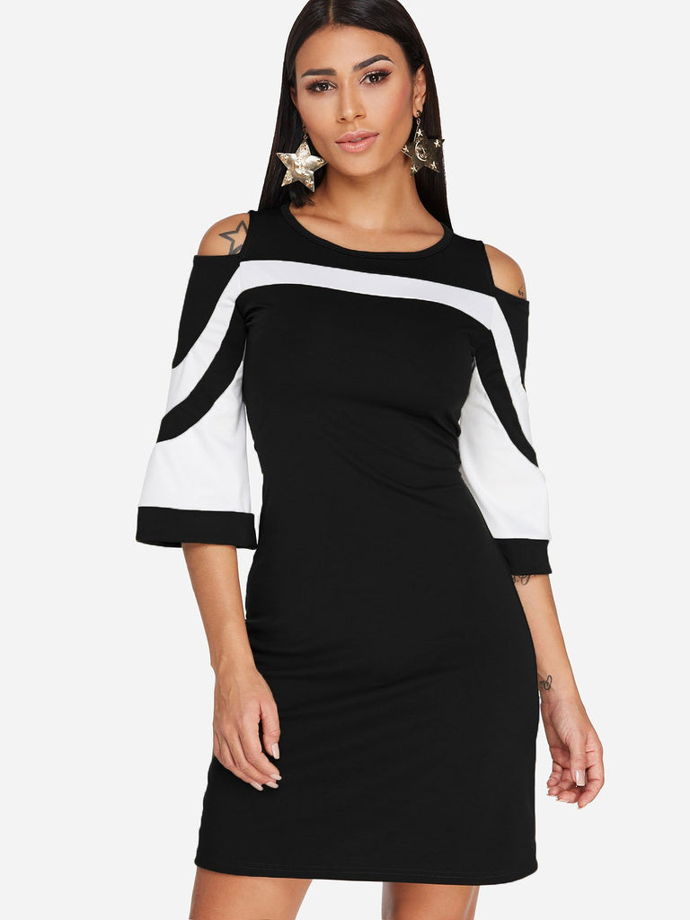 Black Round Neck Cold Shoulder Long Sleeve Stripe Cut Out Casual Dresses