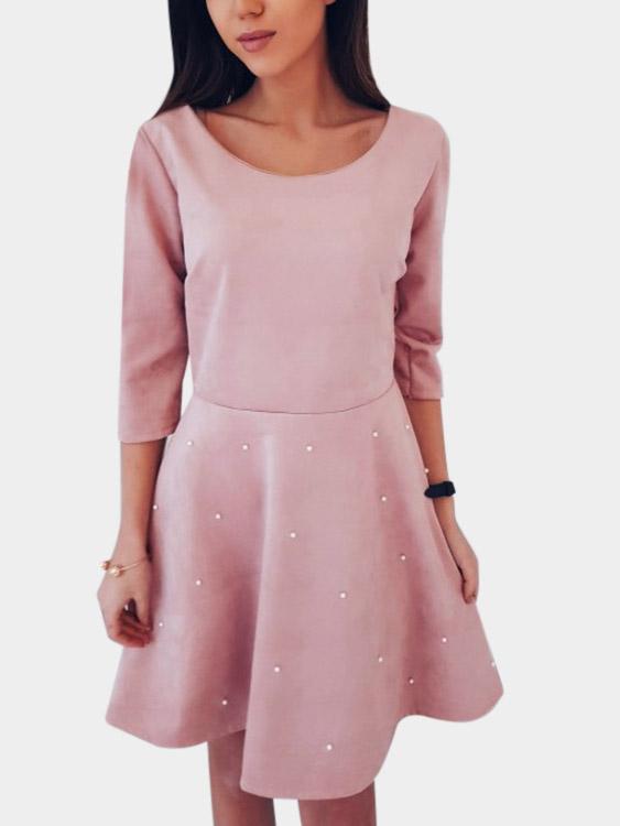 Pink Round Neck 3/4 Length Sleeve High-Waisted Sexy Dress