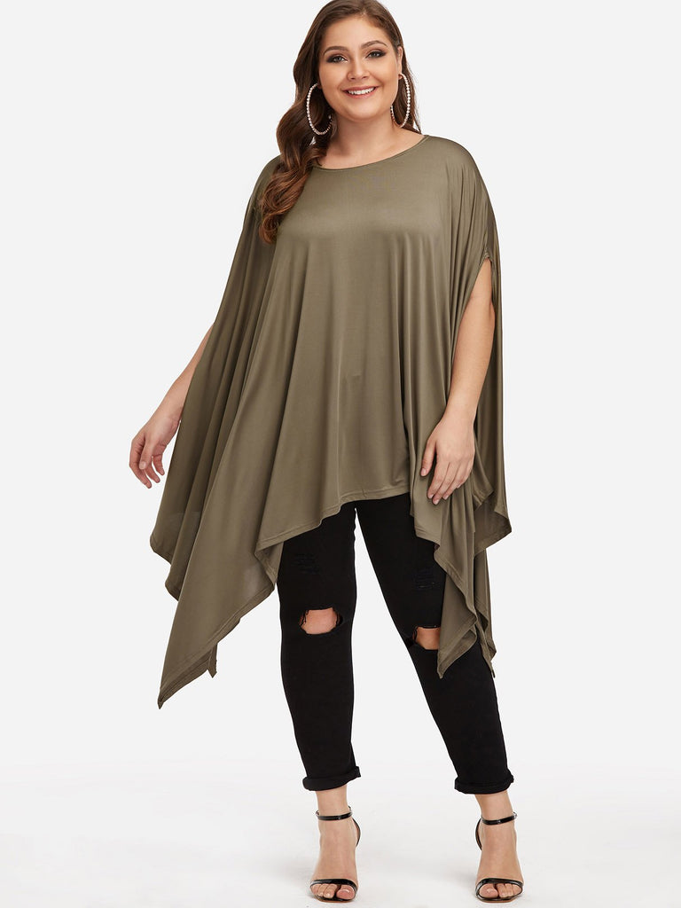 Round Neck Plain Half Sleeve Handkerchief Hem Army Green Plus Size Tops