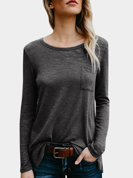 Crew Neck Side Pockets Long Sleeve Grey T-Shirts