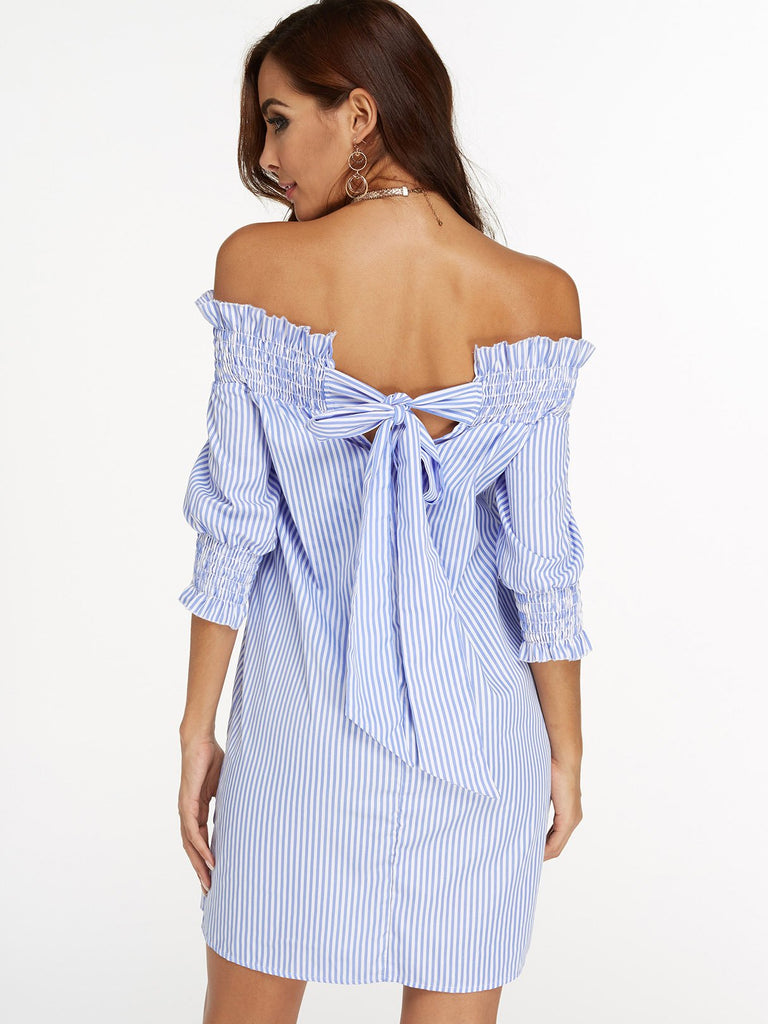 Womens Sky Blue Off The Shoulder Dresses