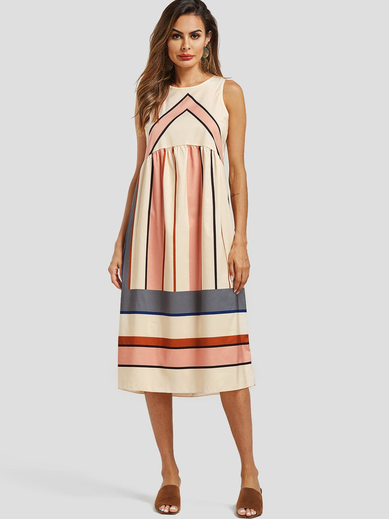 Round Neck Sleeveless Stripe Casual Dresses