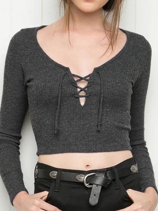 V-Neck Long Sleeve Lace-Up Fashion Top