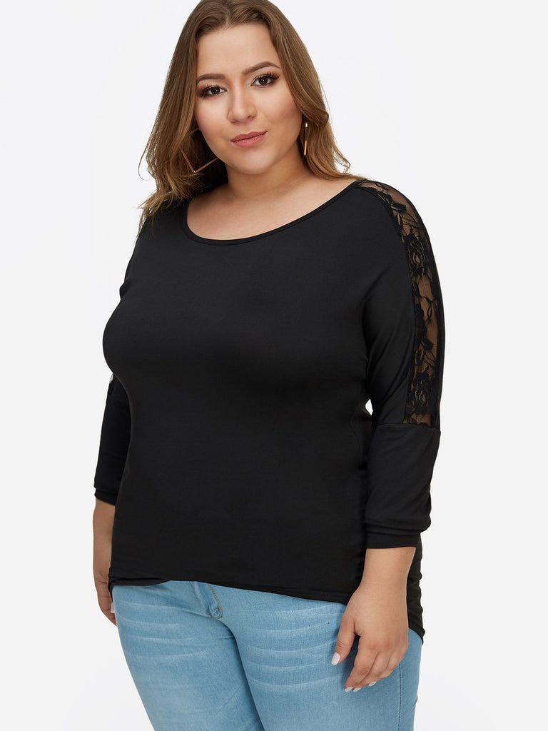 Round Neck Lace Backless Hollow See Through Long Sleeve Irregular Hem Plus Size Tops