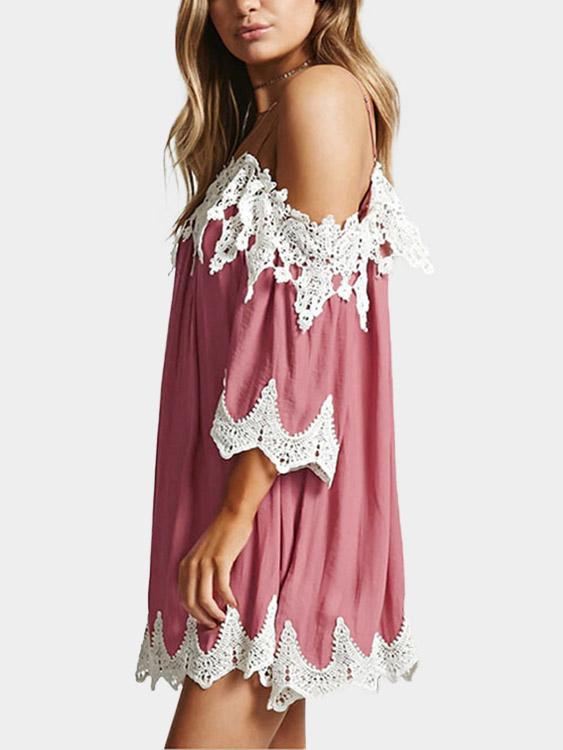 Pink Bateau 3/4 Length Sleeve Plain Lace Stitching Hem Casual Dress