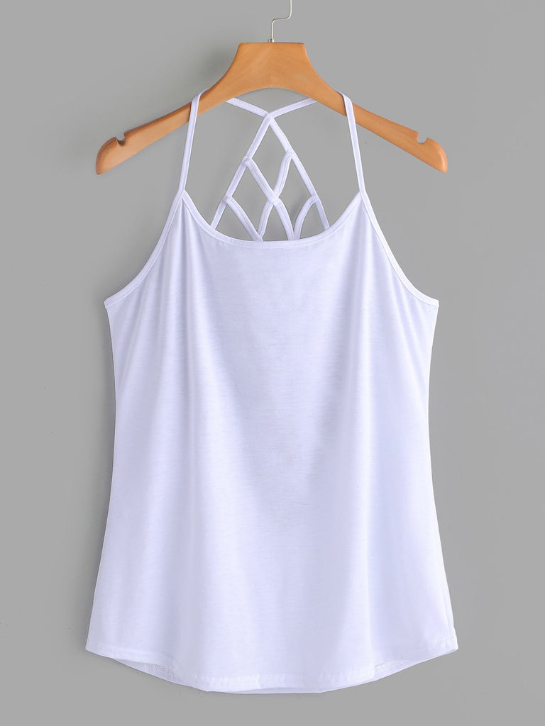 Scoop Neck Plain Backless Sleeveless White Camis