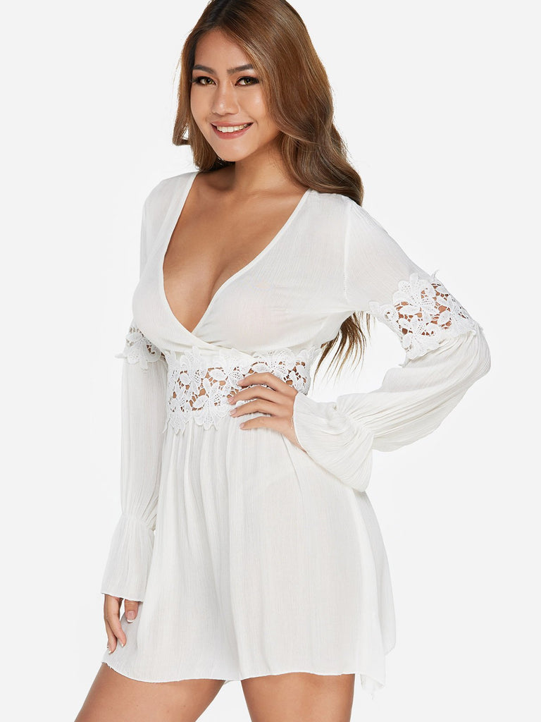 White Deep V Neck Long Sleeve Lace Backless Hollow Dresses