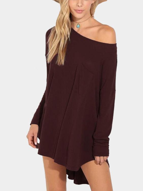 Burgundy Round Neck Long Sleeve Curved Hem Mini Dress