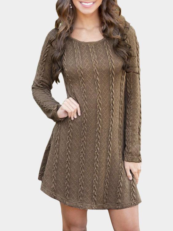 Brown Round Neck Long Sleeve Casual Dress