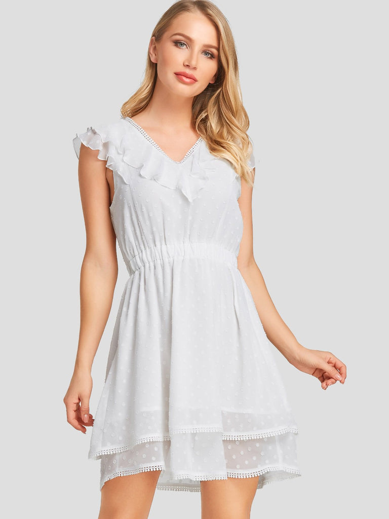 White V-Neck Sleeveless Plain Tassel Hem Dresses