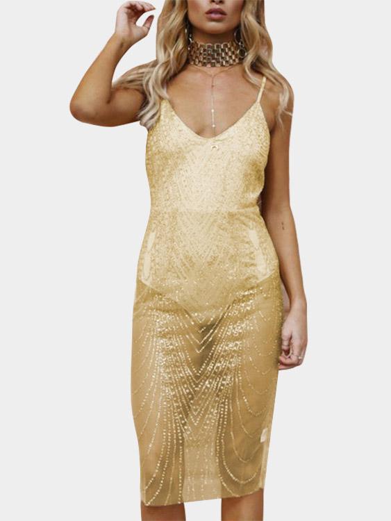 Deep V Neck Sheer Zip Back Backless Sequins Embellished Sleeveless Gold Dresses