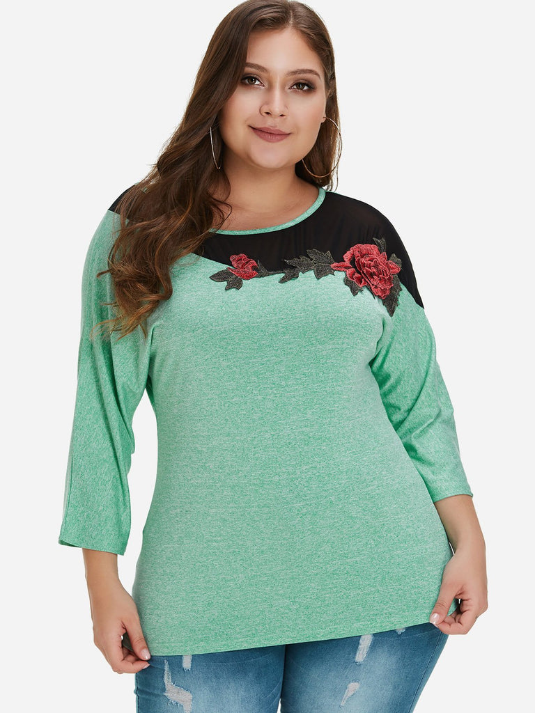 Round Neck Embroidered 3/4 Sleeve Green Plus Size Tops