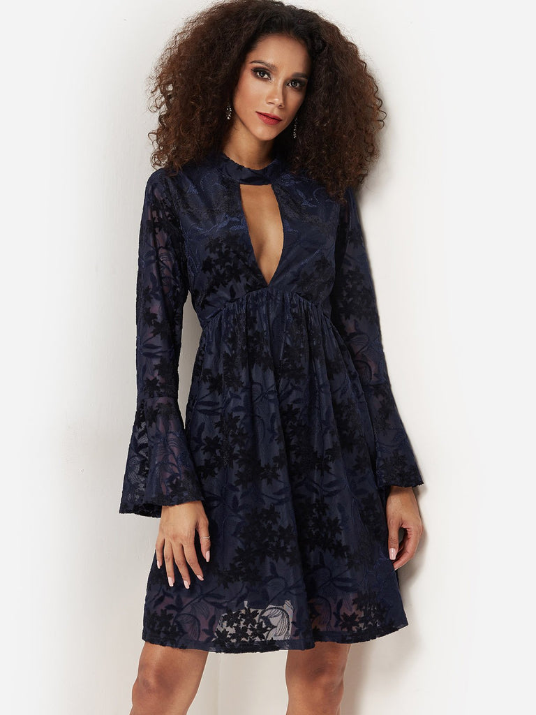 Navy Long Sleeve Sheer Lace Zip Back Sexy Dresses