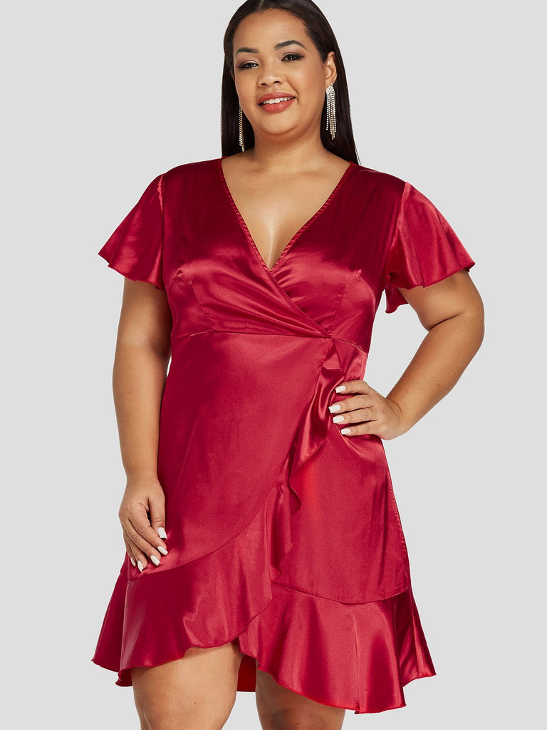 Deep V Neck Plain Crossed Front Zip Back Ruffle Trim Short Sleeve Flounced Hem Red Plus Size Dress