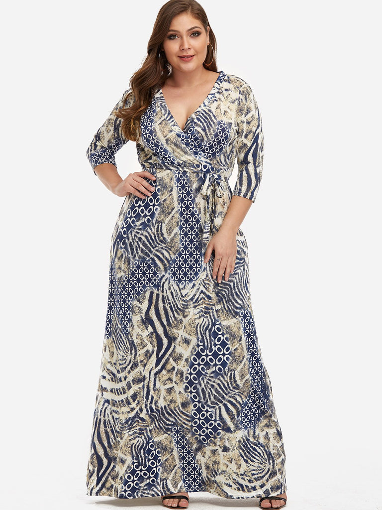 V-Neck Animal Self-Tie Wrap Half Sleeve Plus Size Maxi Dresses