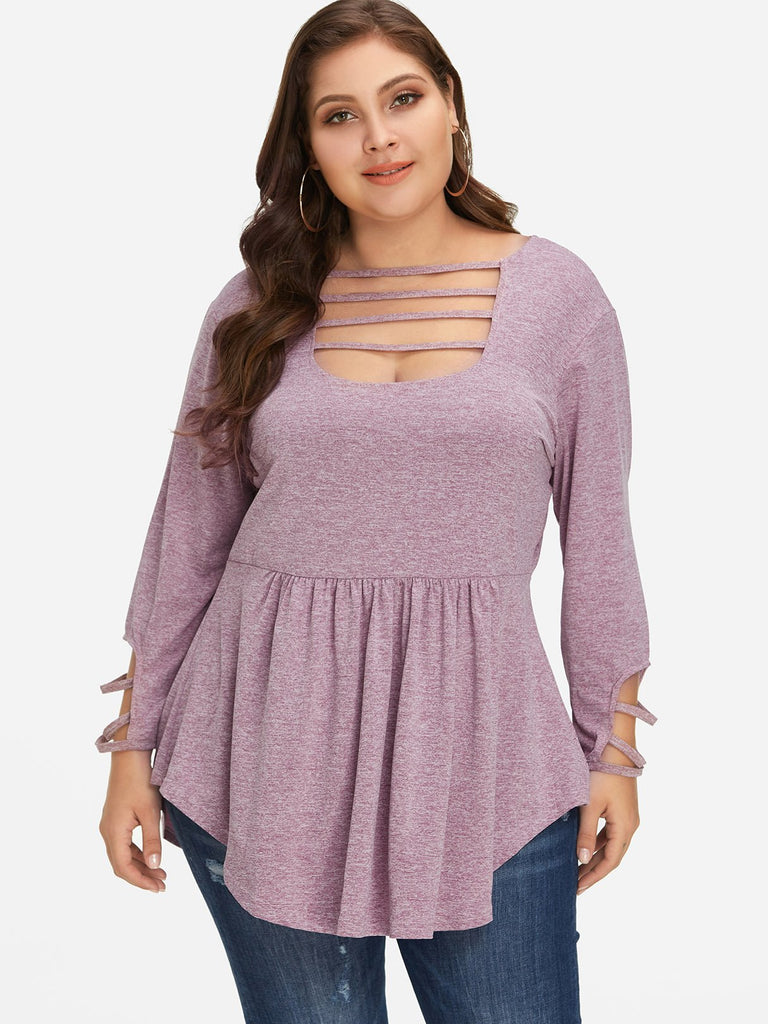 Scoop Neck Cut Out Pleated Long Sleeve Plus Size Tops