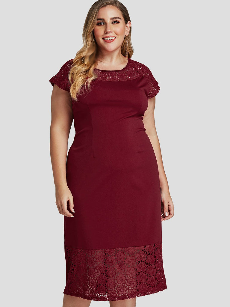 Round Neck Lace Short Sleeve Bodycon Hem Plus Size Dress