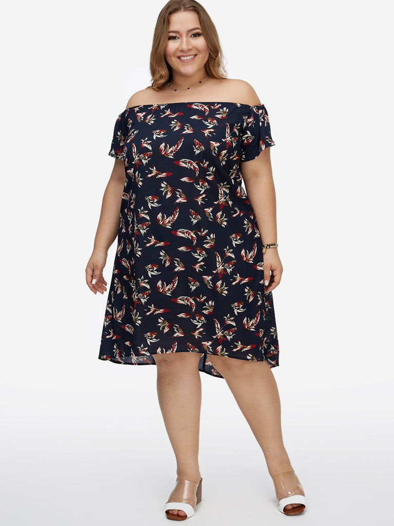 Off The Shoulder Floral Print Calico Short Sleeve Curved Hem Dark Blue Plus Size Dresses