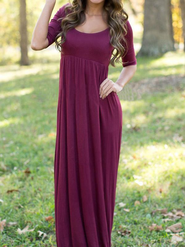 Burgundy Round Neck Half Sleeve Plain High-Waisted Sexy Dress