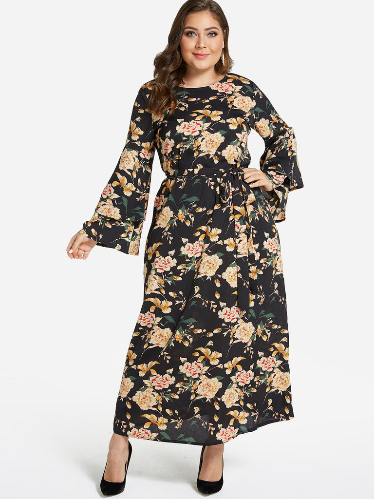 Round Neck Floral Print Tiered Self-Tie Long Sleeve Flounced Hem Plus Size Dress