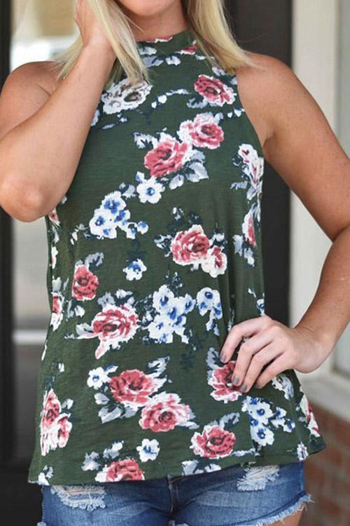 Crew Neck Floral Print Sleeveless Tank Top