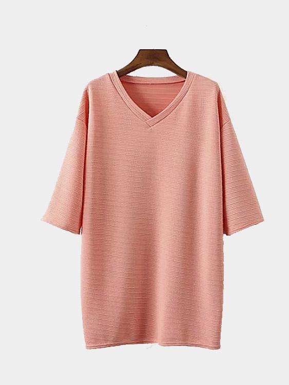 V-Neck Half Sleeve Slit Hem Pink T-Shirts